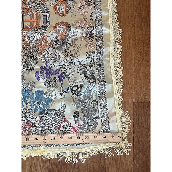 Vintage Chinese Silk Embroidered Tapestry 36" Square Pagoda Dragon Lion Dance - Picture 8 of 11